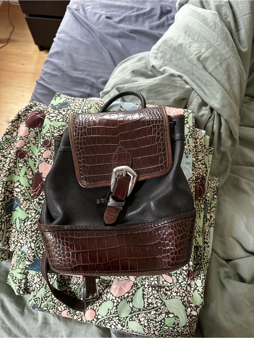 Brighton Black Pebbled Backpack with Brown Croc Trim